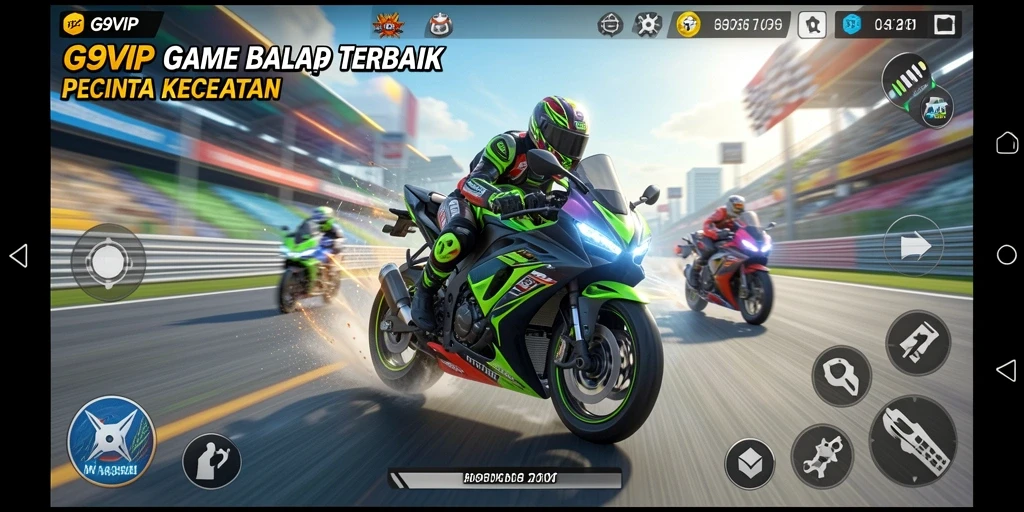 Screenshot G9VIP menampilkan balapan seru dengan motor yang menawan.