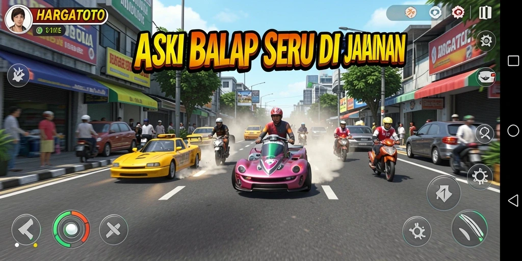 Tampilan screenshot HARGATOTO dengan mobil balap melaju kencang di lintasan.