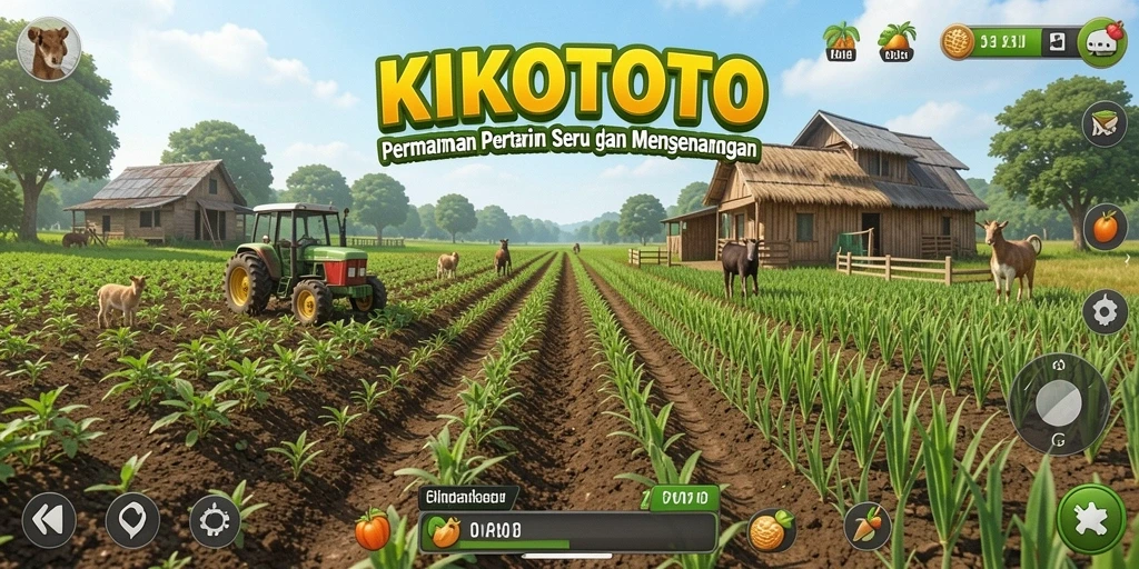 Tangkapan layar dari gameplay KIKOTOTO menampilkan pertanian yang indah dan beragam tanaman.