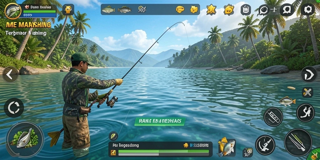 Tampilan utama gameplay RI889 saat menangkap ikan di lautan.