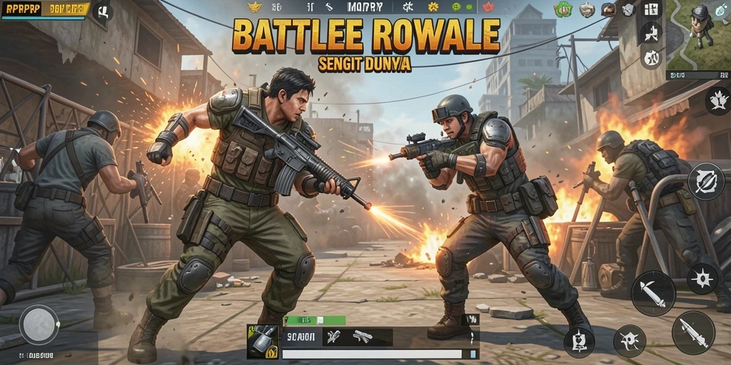 Tampilan gameplay mendebarkan di RPRPRP menunjukkan aksi pertarungan Battle Royale.